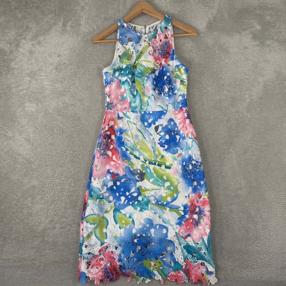 Betsey Johnson Dress Womens 2 Blue Pink Floral Lace Overlay Sheath Cocktail